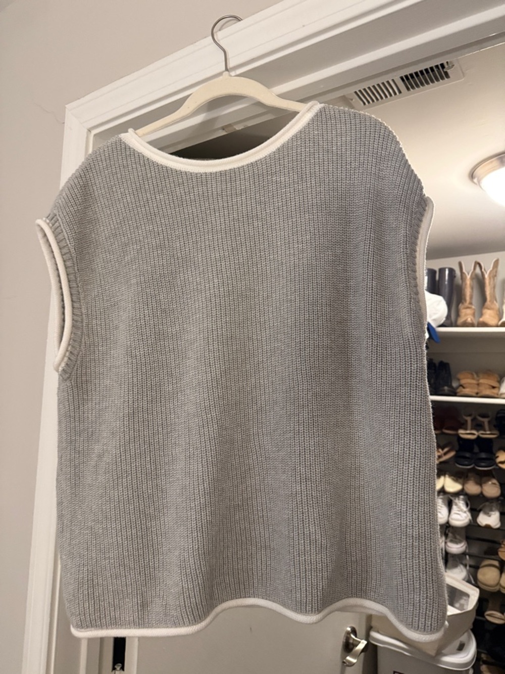 In February Ribbed Knit Sweater Vest in Light Gray with White Trim